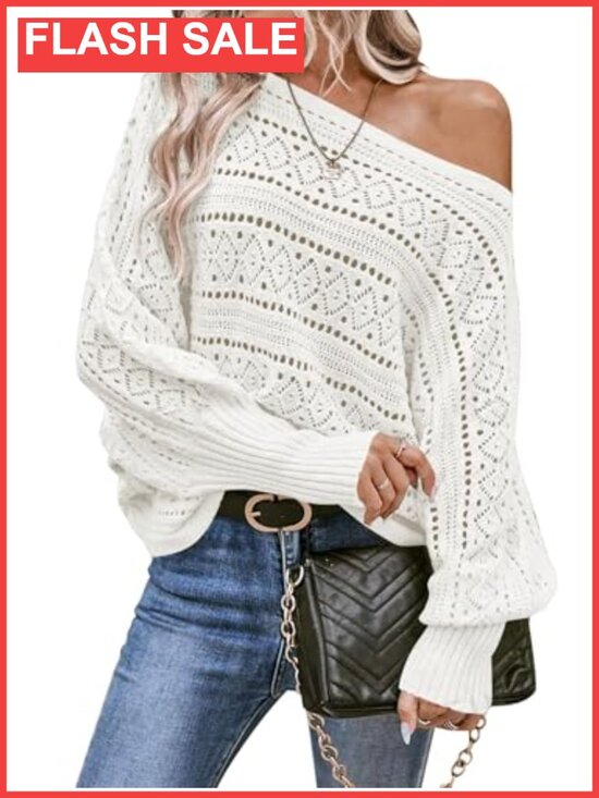 Other - Womens Off Shoulder Oversized Crochet Knit Pullover Sweater Batwing Sleeve